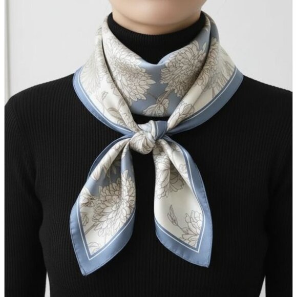 ❤️Luxury Elegant Bandana Square Silky Scarf BLUE WHITE Floral headband hijab New - Picture 1 of 8